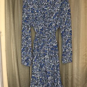 Lucky Brand Blue & White Floral Long Sleeve Midi Dress